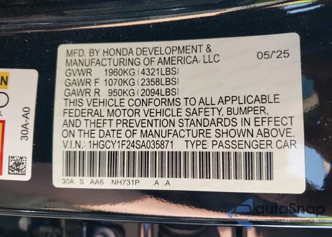 2025 Honda Accord Lx из США, поврежденный, VIN 1HGCY1F24SA035871